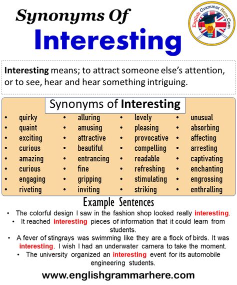 Synonym for interesting - Synonyms for Interesting Story (other words and phrases for Interesting Story). Synonyms for Interesting story. 138 other terms for interesting story- words and phrases with similar meaning. Lists. synonyms. …